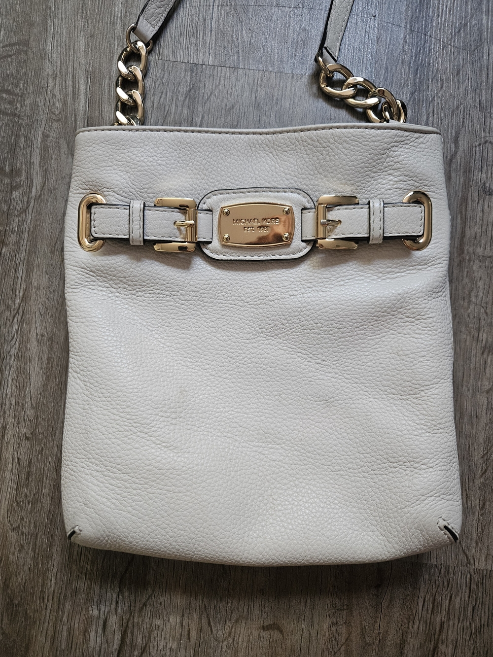 Michael Kors White Pebbled Leather Chain-Accent Shoulder Bag